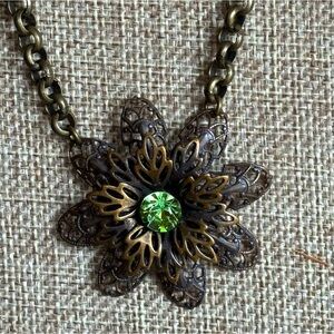 Antique Bronze Filigree Necklace with Swarovski Stone - NWT